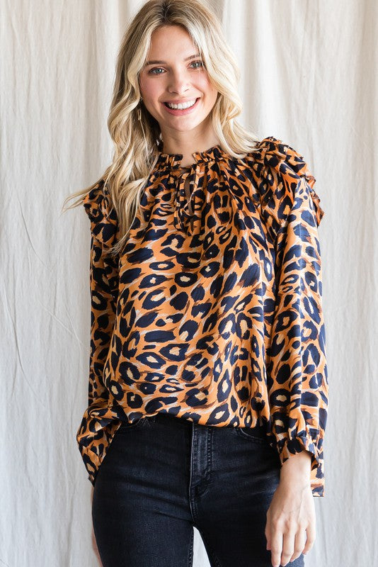 LEOPARD LAYERED RUFFLED SHOULDERS TOP