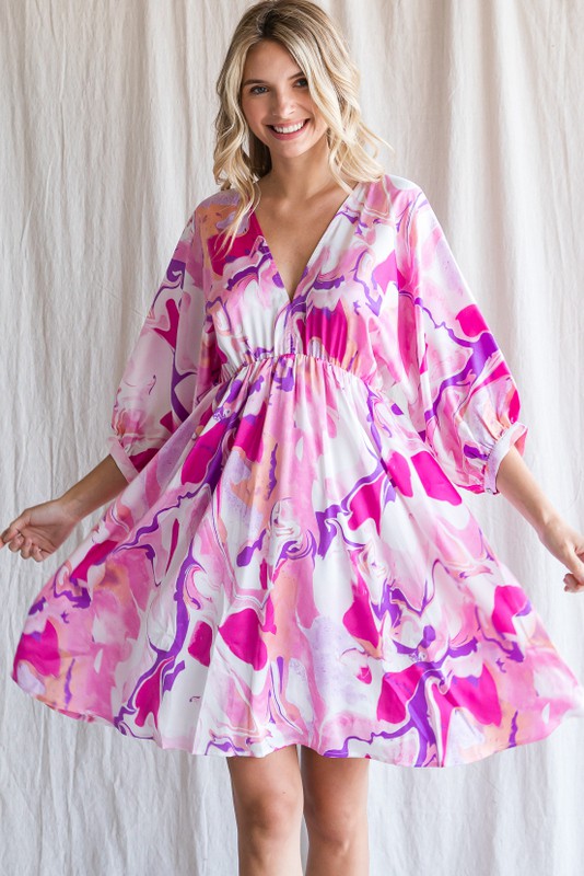 V NECK SWIRL BUBBLES SLEEVE DRESS