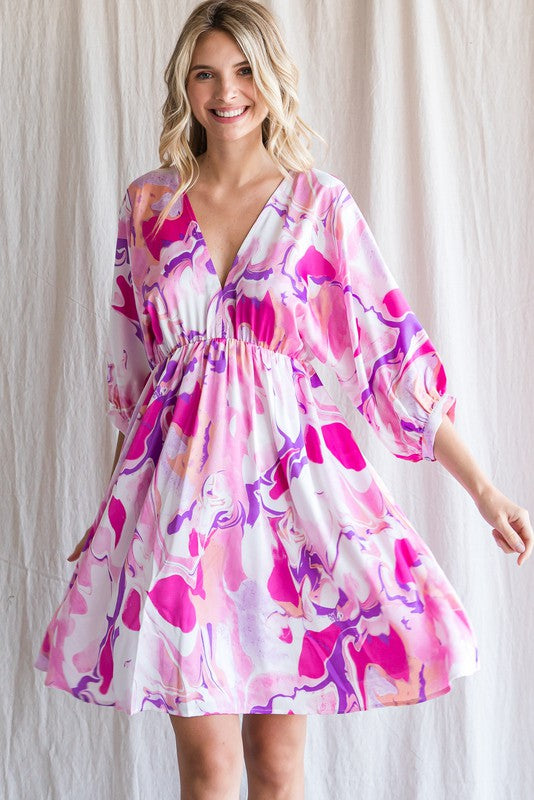 V NECK SWIRL BUBBLES SLEEVE DRESS