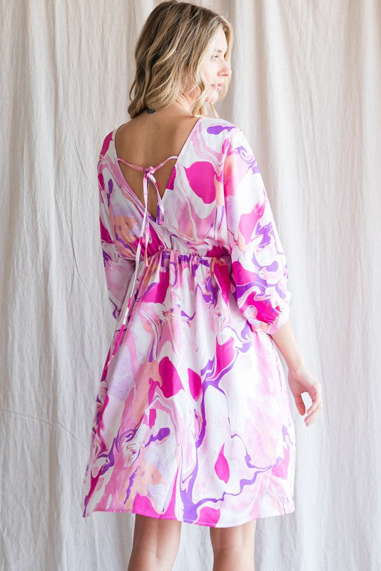 V NECK SWIRL BUBBLES SLEEVE DRESS