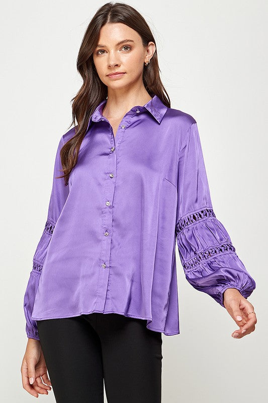 LACE TRIM BUTTON DOWN SATIN SHIRT