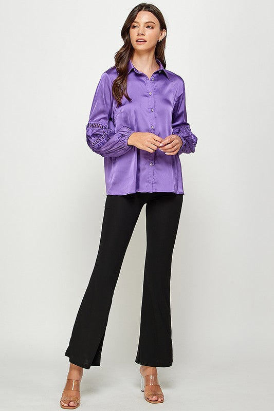 LACE TRIM BUTTON DOWN SATIN SHIRT