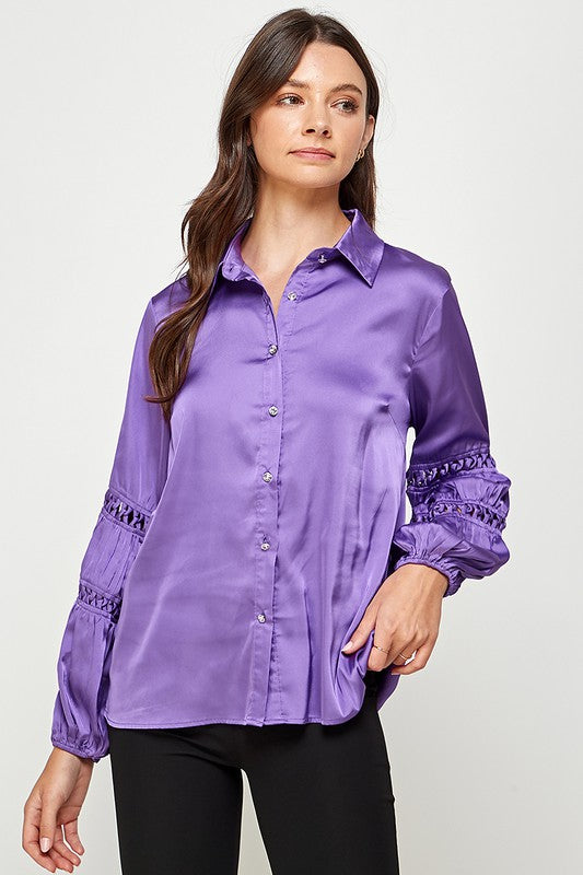 LACE TRIM BUTTON DOWN SATIN SHIRT