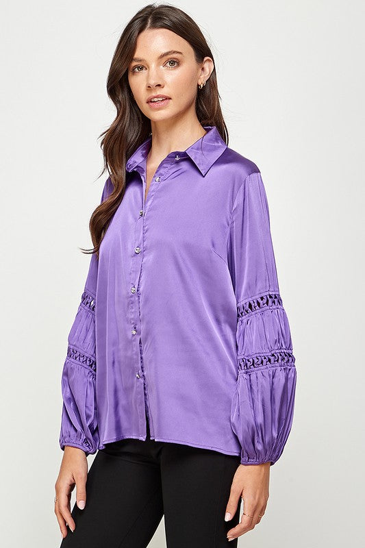 LACE TRIM BUTTON DOWN SATIN SHIRT