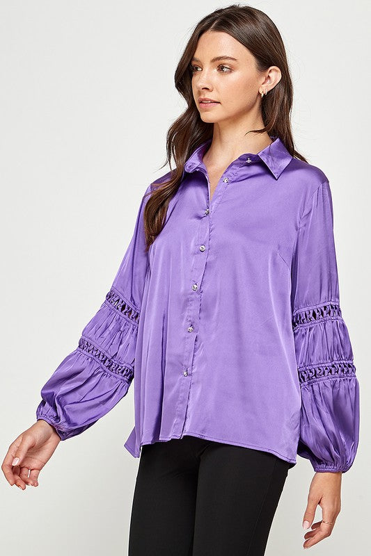 LACE TRIM BUTTON DOWN SATIN SHIRT