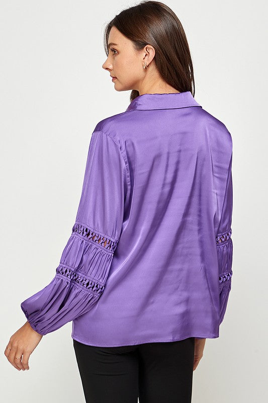 LACE TRIM BUTTON DOWN SATIN SHIRT