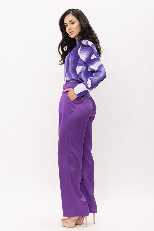 SATIN HIGH WAIST FLARED PANTS