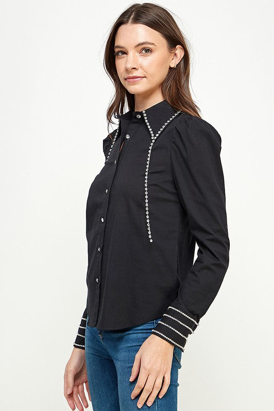 RHINESTONE DETAIL BUTTON DOWN SHIRT