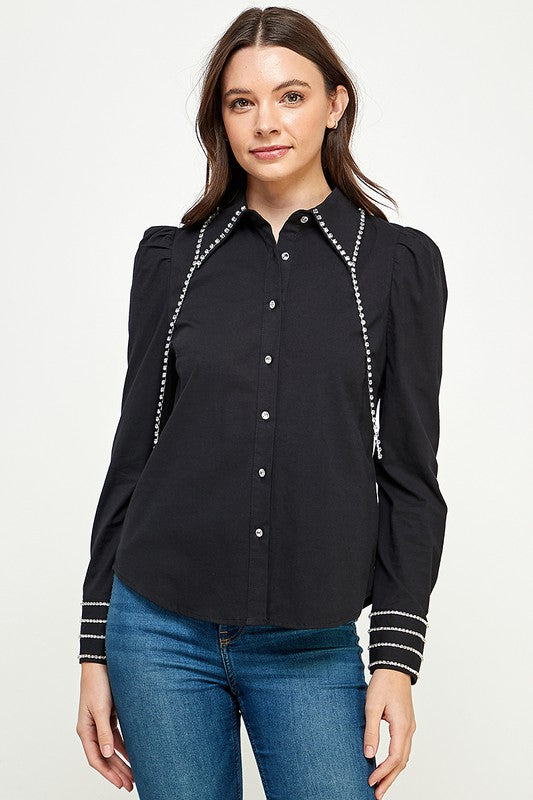 RHINESTONE DETAIL BUTTON DOWN SHIRT