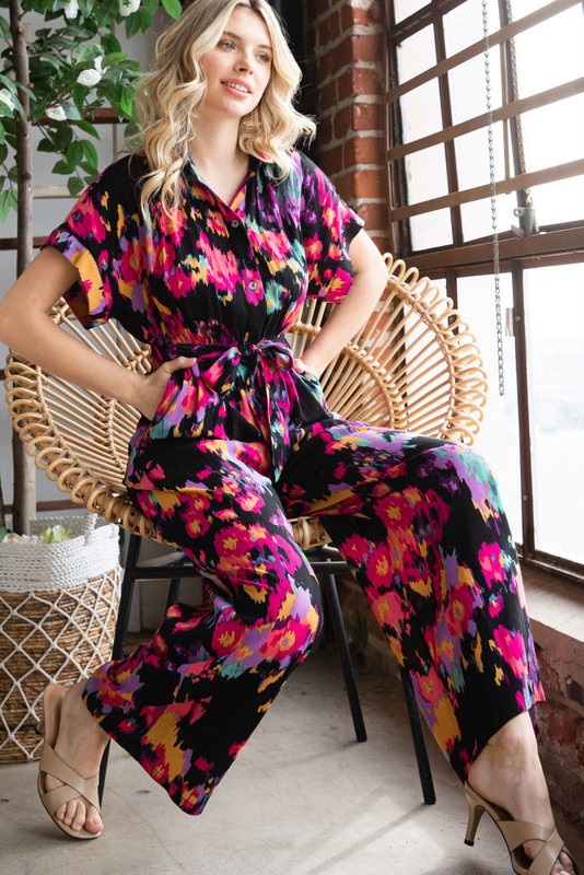 PRINT BELTED WIDE LEG JUMPSUIT