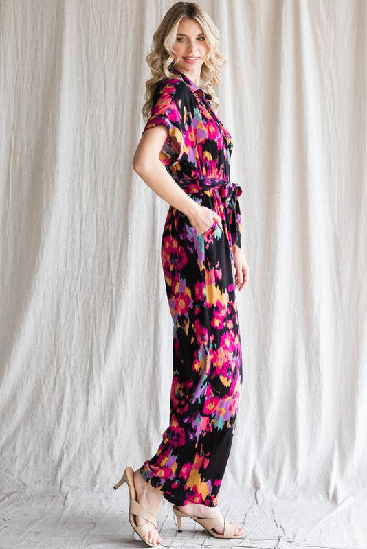 PRINT BELTED WIDE LEG JUMPSUIT