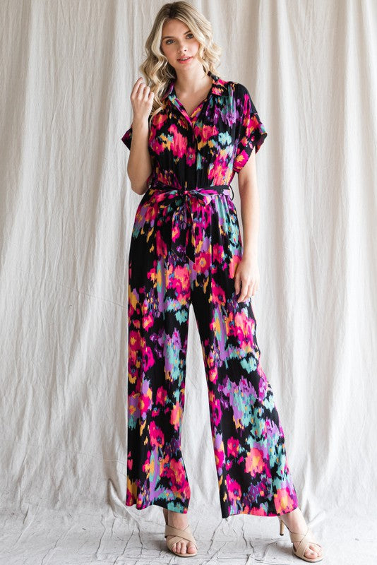 PRINT BELTED WIDE LEG JUMPSUIT