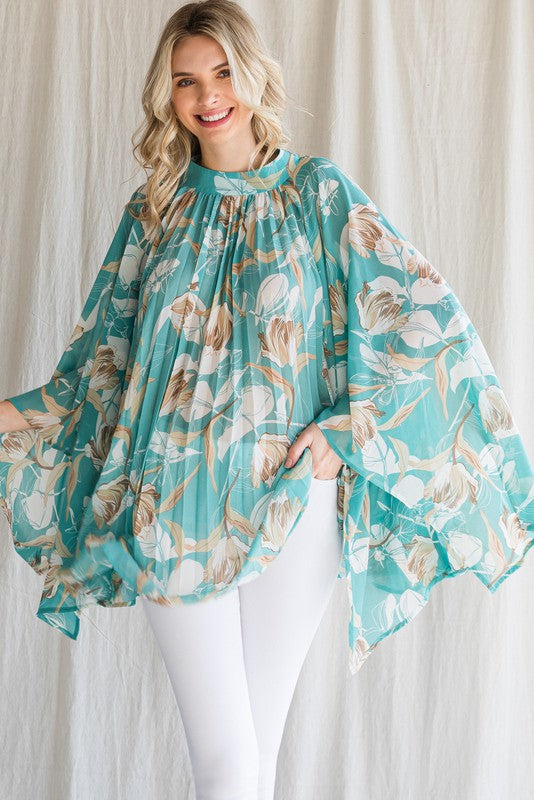 Flower Print Wide Bell Sleeves Top