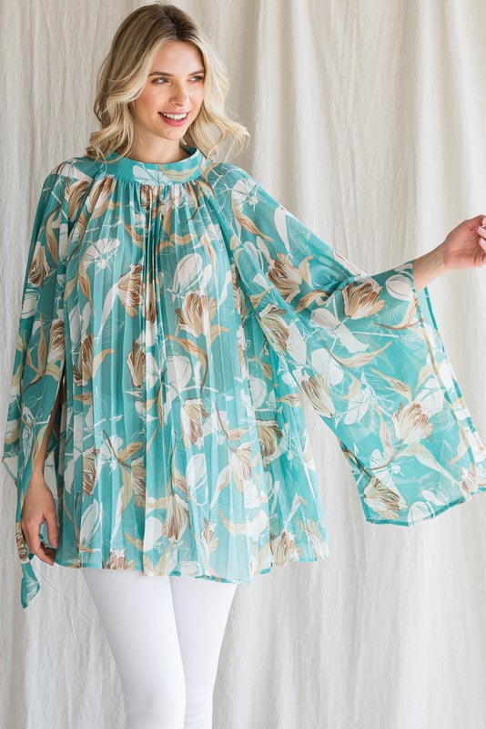 Flower Print Wide Bell Sleeves Top