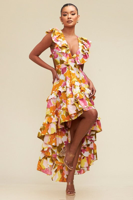 FLORAL HI LOW RUFFLE DRESS