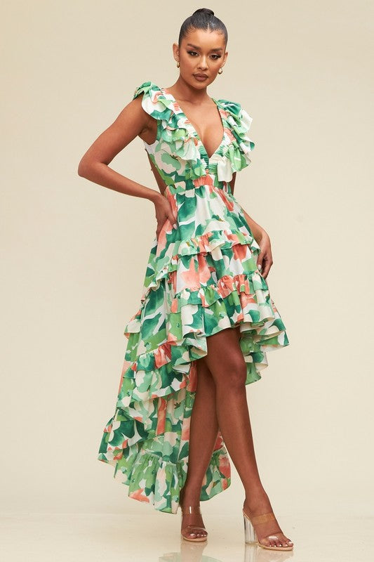 FLORAL HI LOW RUFFLE DRESS