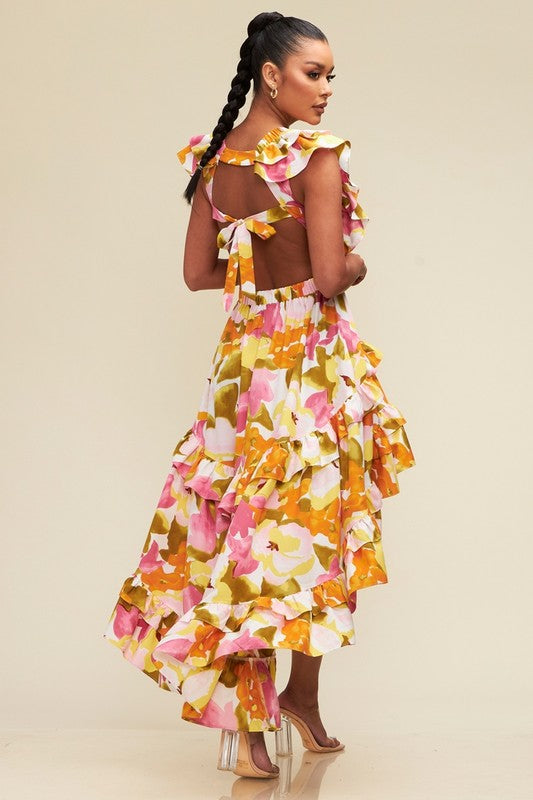 FLORAL HI LOW RUFFLE DRESS