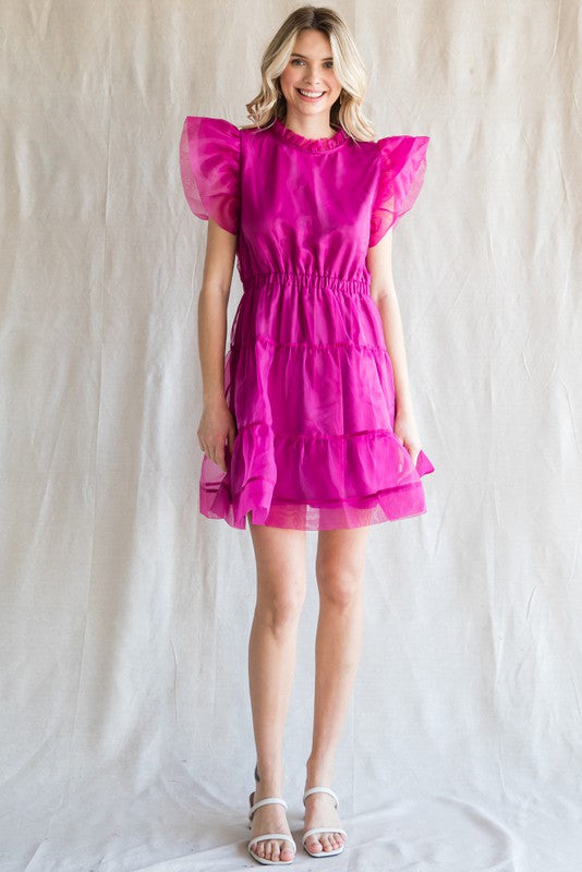 ORGANZA RUFFLED  SHOULDER DRESS