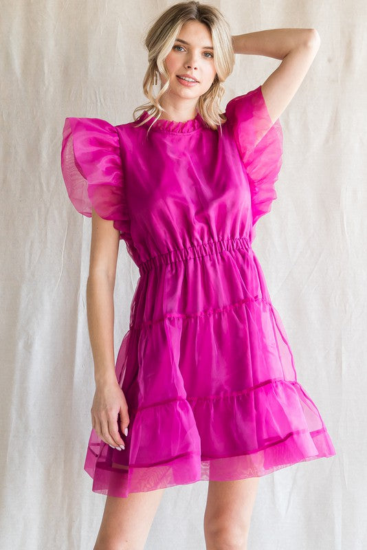 ORGANZA RUFFLED  SHOULDER DRESS