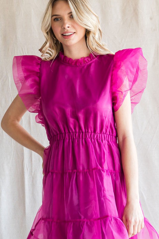 ORGANZA RUFFLED  SHOULDER DRESS