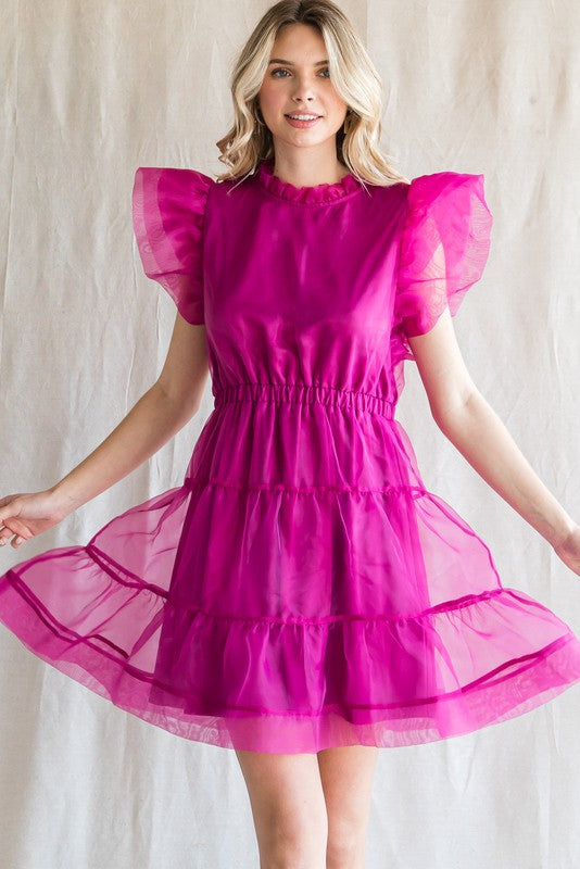 ORGANZA RUFFLED  SHOULDER DRESS