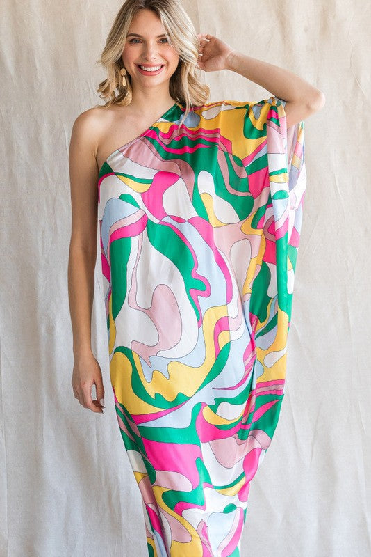 PRINT ONE SHOULDER ASYMMETRY MAXI DRESS