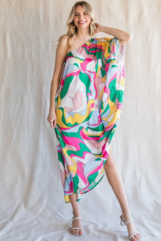 PRINT ONE SHOULDER ASYMMETRY MAXI DRESS