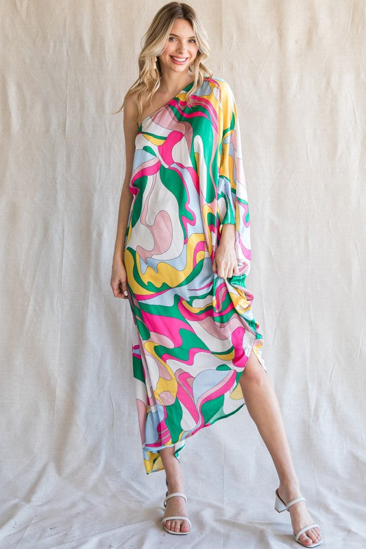 PRINT ONE SHOULDER ASYMMETRY MAXI DRESS