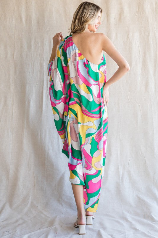 PRINT ONE SHOULDER ASYMMETRY MAXI DRESS