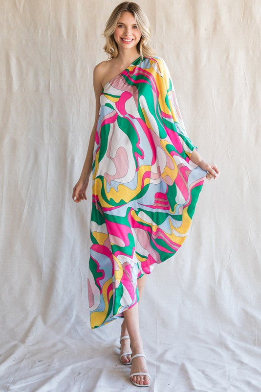 PRINT ONE SHOULDER ASYMMETRY MAXI DRESS