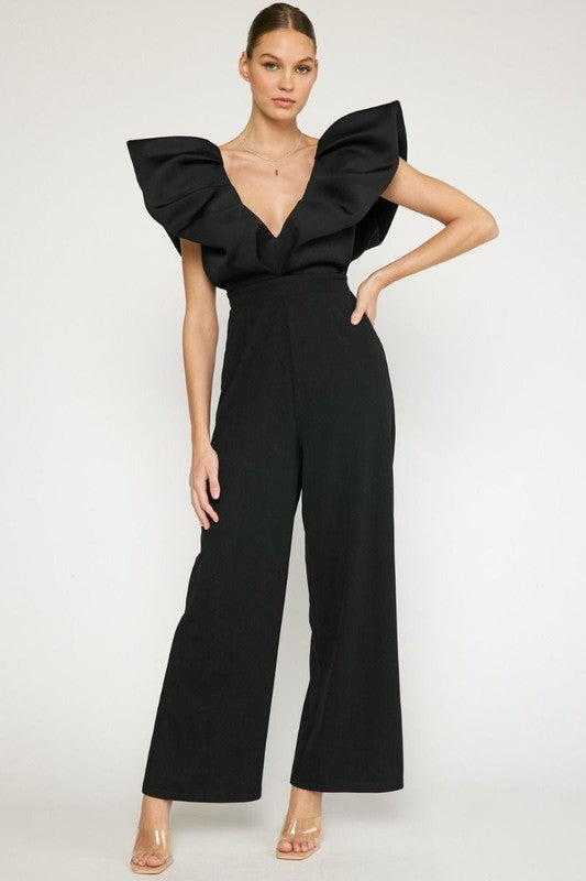 V-NECK WIDE LEG JUMPSUIT