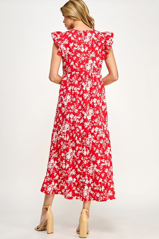 RUFFLE CAP SLEEVES FLORAL MIDI DRESS