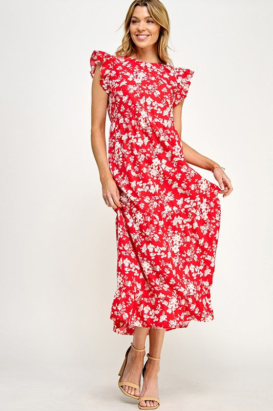 RUFFLE CAP SLEEVES FLORAL MIDI DRESS