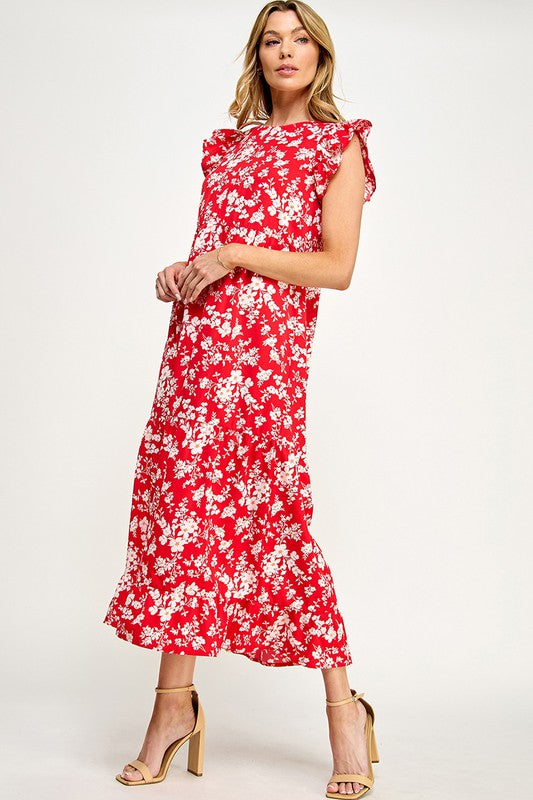 RUFFLE CAP SLEEVES FLORAL MIDI DRESS