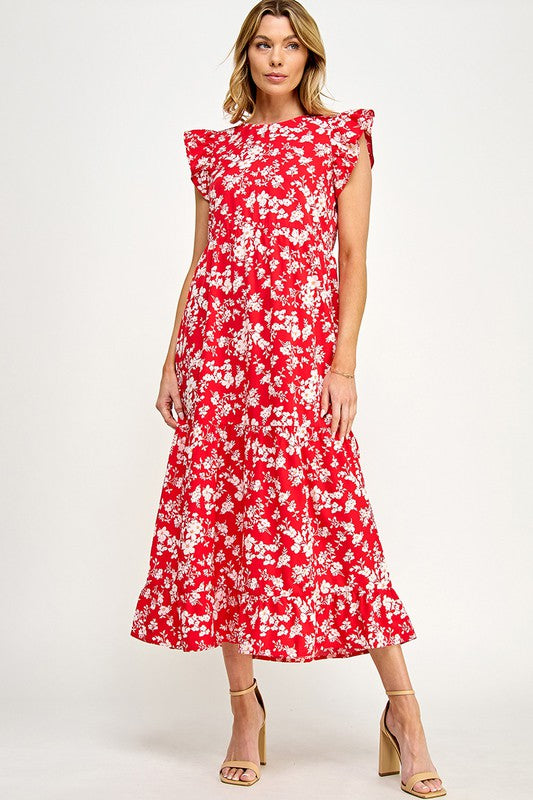 RUFFLE CAP SLEEVES FLORAL MIDI DRESS