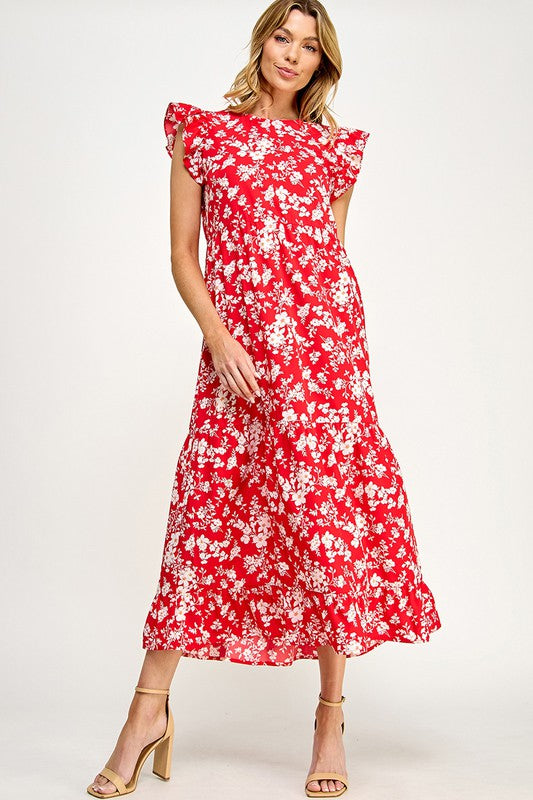 RUFFLE CAP SLEEVES FLORAL MIDI DRESS