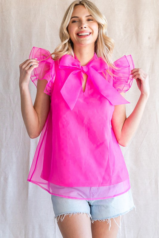 ORGANZA RIBBON TIE NECK BLOUSE