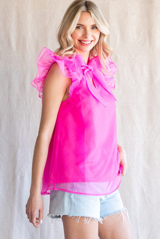 ORGANZA RIBBON TIE NECK BLOUSE