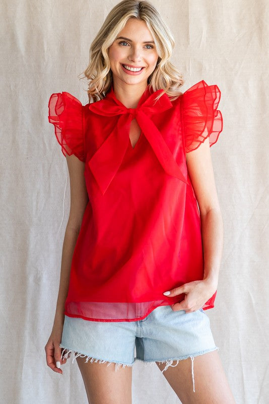 ORGANZA RIBBON TIE NECK BLOUSE