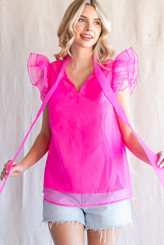 ORGANZA RIBBON TIE NECK BLOUSE