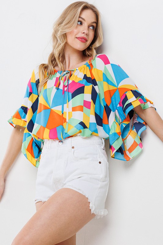 MULTI COLOR PRINT RUFFLE TOP