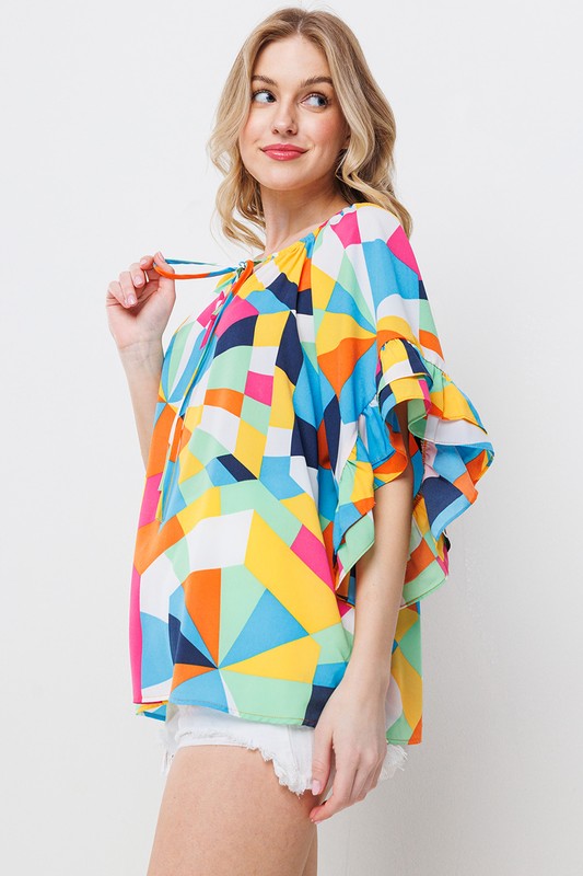 MULTI COLOR PRINT RUFFLE TOP