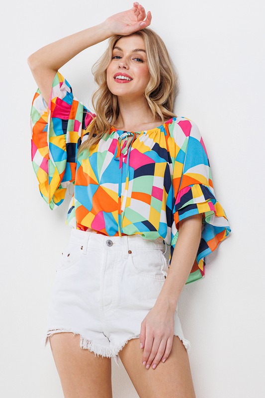 MULTI COLOR PRINT RUFFLE TOP