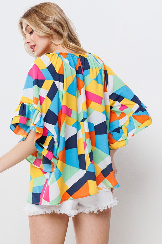 MULTI COLOR PRINT RUFFLE TOP