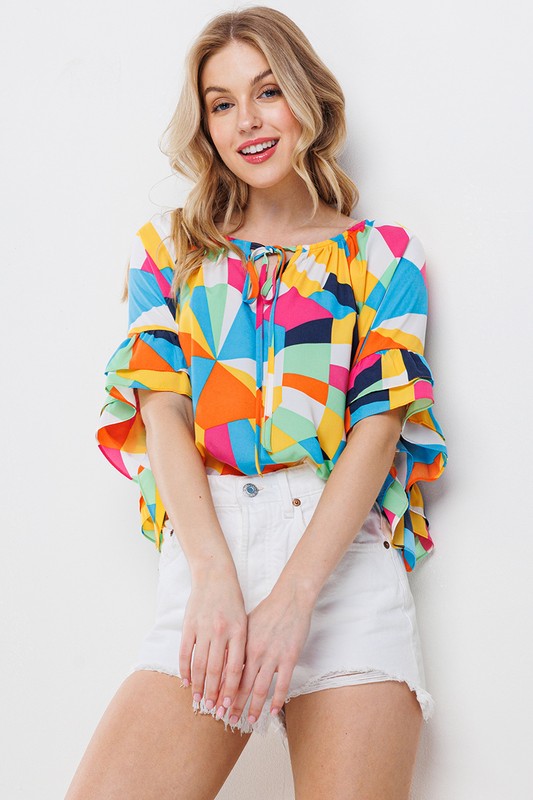 MULTI COLOR PRINT RUFFLE TOP