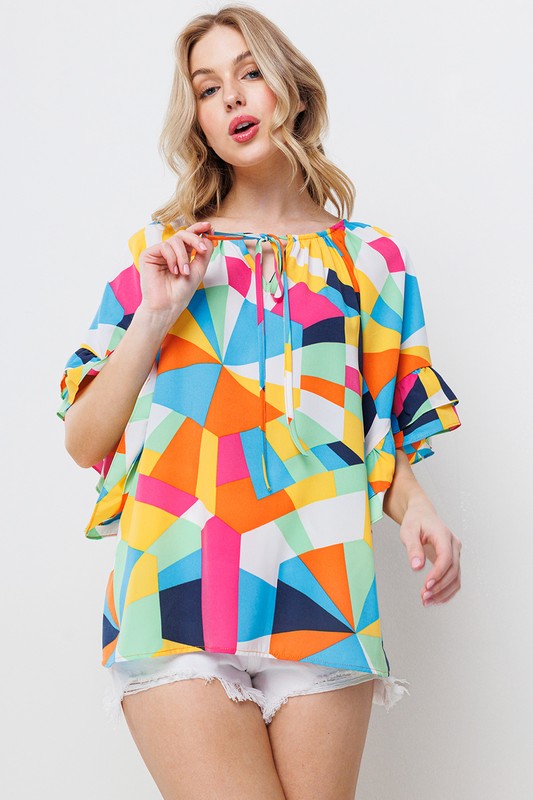 MULTI COLOR PRINT RUFFLE TOP