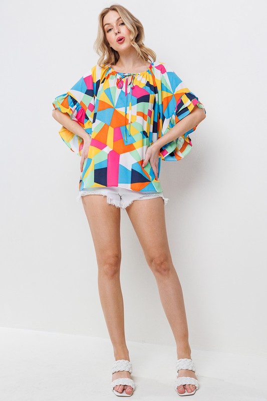 MULTI COLOR PRINT RUFFLE TOP