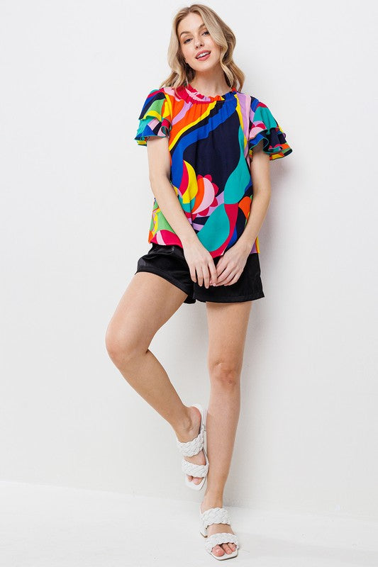 MULTI COLOR PRINT RUFFLE SHORT SLEEVE TOP