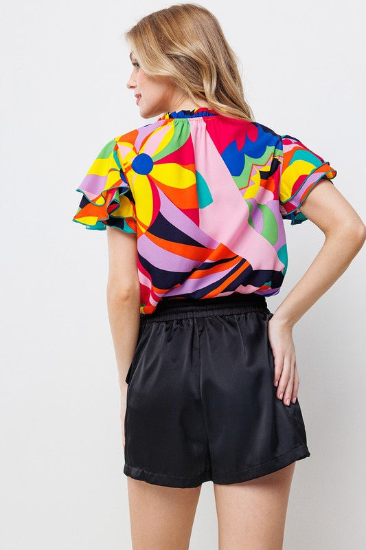 MULTI COLOR PRINT RUFFLE SHORT SLEEVE TOP