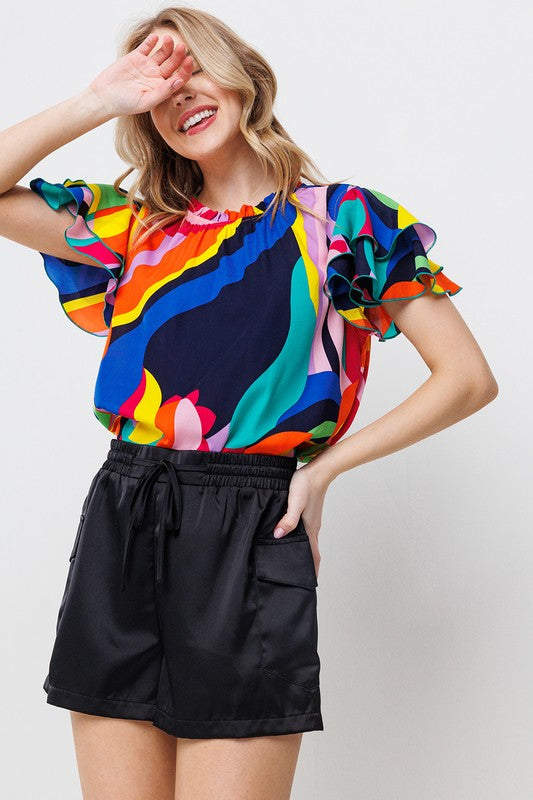 MULTI COLOR PRINT RUFFLE SHORT SLEEVE TOP